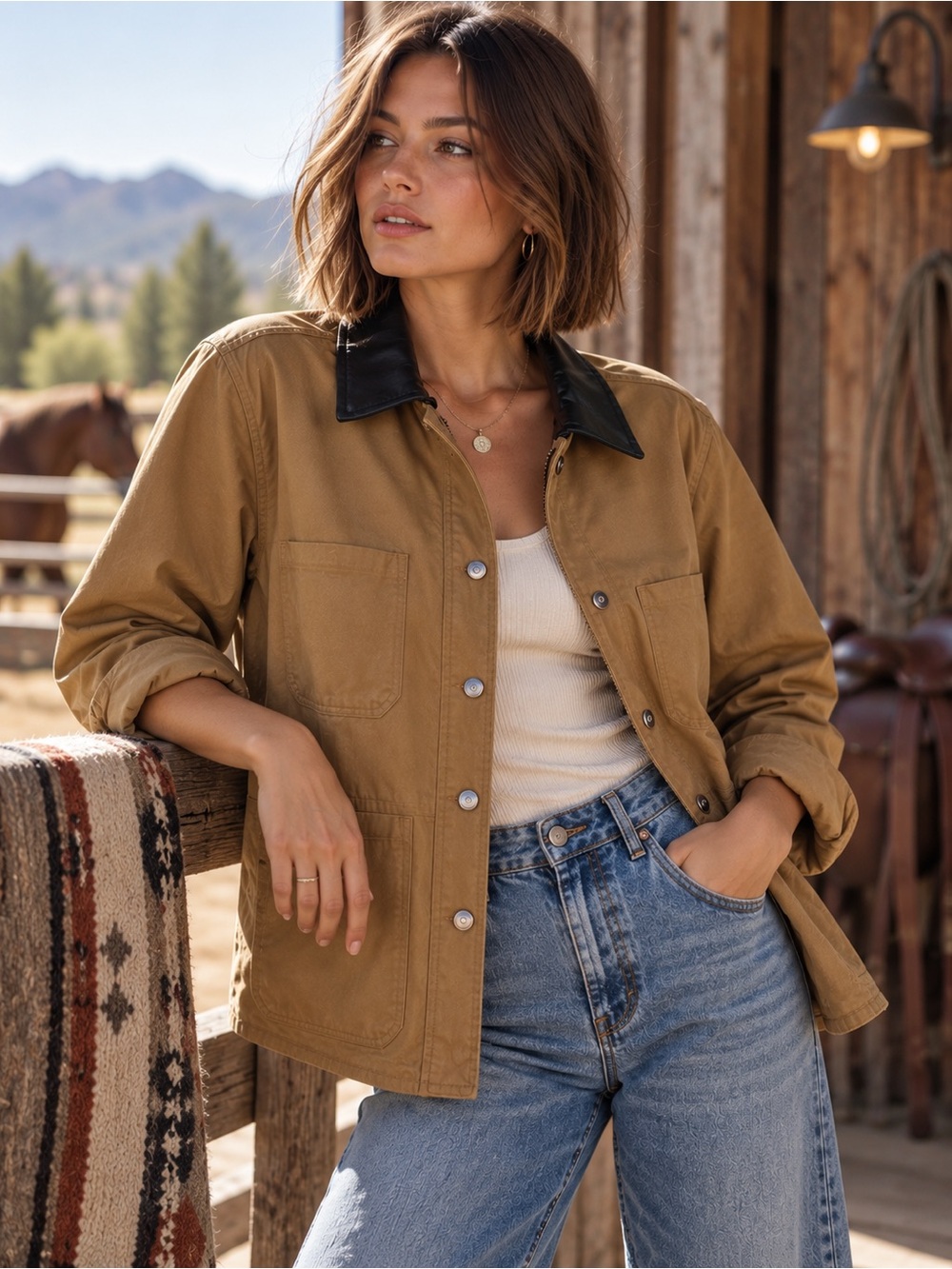Thread & Supply Zola Barn Jacket Brown Faux Leather Collar Cotton M NWT